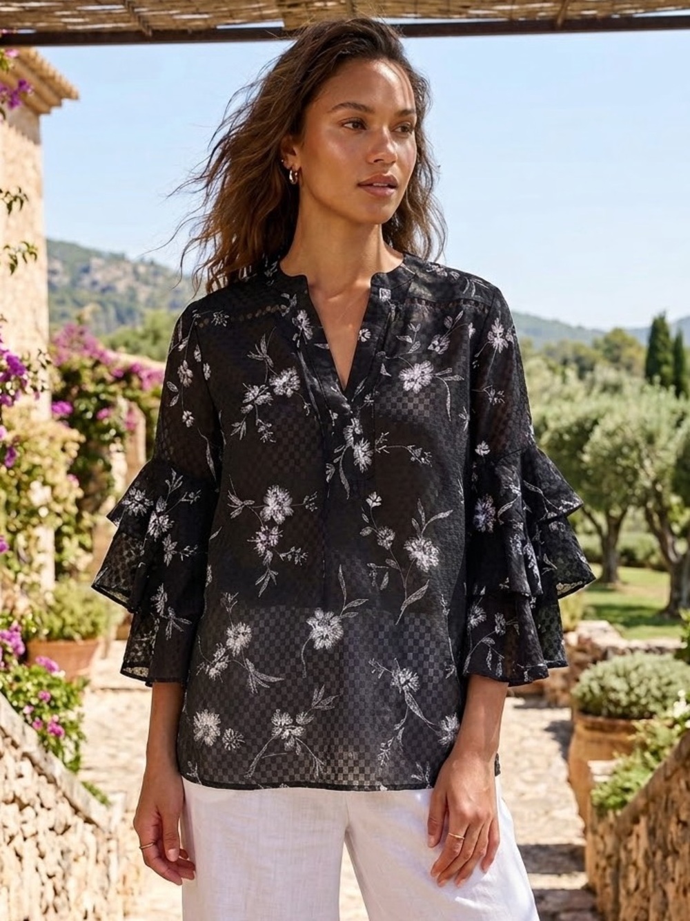 Vince Camuto Black and White Bohemian Floral Blouse